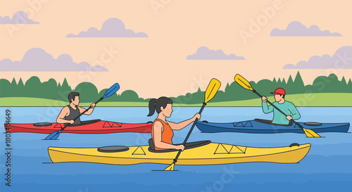 Enjoy active summer kayaking adventure with friends on calm blue lake