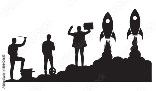  Silhouettes show the progression from idea to successful rocket launch and space exploration