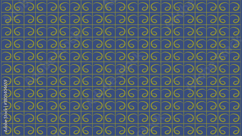 Seamless Geometric Grid Pattern with Abstract Spiral Motifs, Mustard Yellow on Deep Royal Blue Background