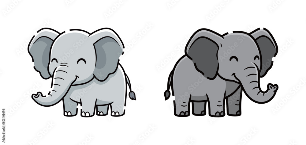Fototapeta premium Adorable Pair of Hand-Drawn Cartoon Elephants Standing Side-by-Side, One Light Gray and One Dark Gray, Simple Vector Mascot for Children's Products or Zoo Animals Concept
