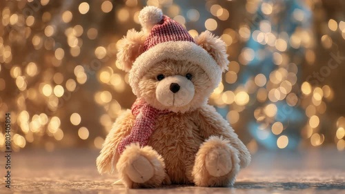 Wallpaper Mural Cute Teddy Bear Wearing Santa Hat and Scarf Sitting on Glittering Background for Holiday Season Torontodigital.ca