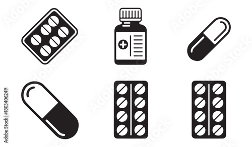  Set of six simple black and white icons representing pills capsules and medicine bottle