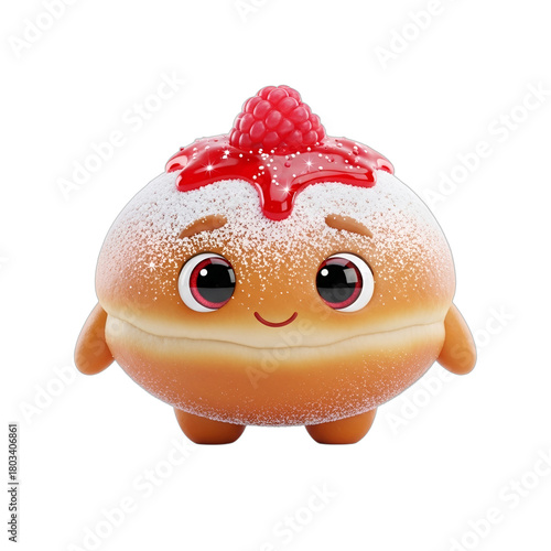 Cute cartoon jelly donut character with vibrant raspberry topping and powdered sugar, perfect for bakery ads, Hanukkah, Shrove Tuesday, children's content, and sweet holiday promotions,