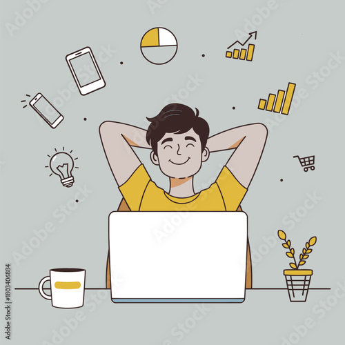 happy Work-life balance illustration, Remote work or freelancing vector ,Human daily activity on laptop concept