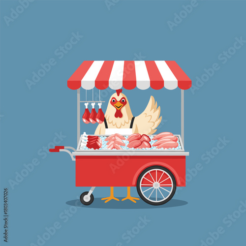 Anthropomorphic chicken butcher selling meat on ice from a mobile food stall cart.