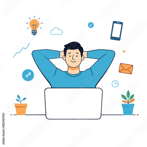 happy Work-life balance illustration, Remote work or freelancing vector ,Human daily activity on laptop concept