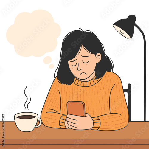 Tired and exhausted girl sitting at the table, sad people illustration depression illustration