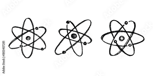 Set of hand drawn atom sign Molecule clipart in doodle style Symbol of science, education, nuclear energy, scientific research, molecular chemistry Single element for print, web, design