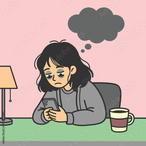 Tired and exhausted girl sitting at the table, sad people illustration depression illustration
