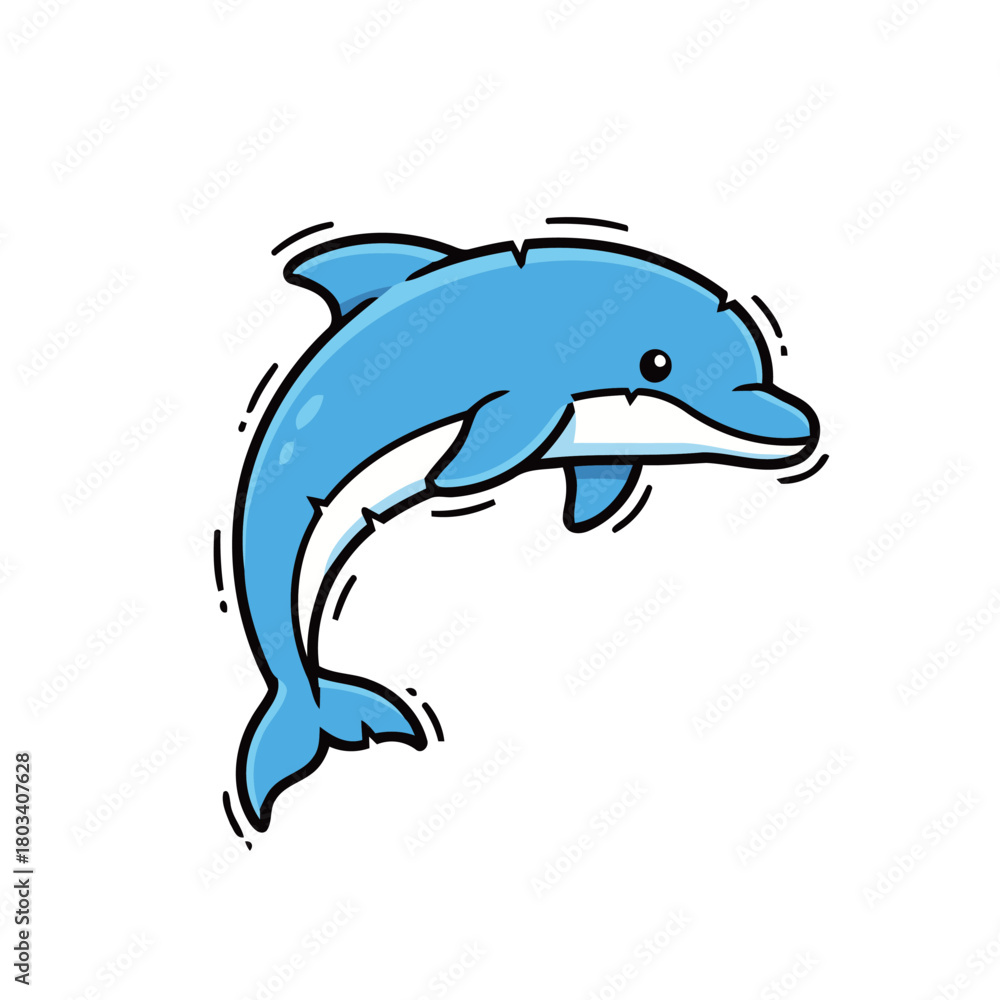 Fototapeta premium Leaping Blue Dolphin Jumping Out of Water, Cute Cartoon Vector Illustration in a Hand-Drawn Doodle Style, Representing Freedom, Ocean Life, and Intelligence