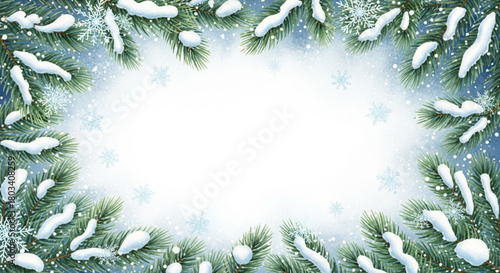 Watercolor painting style frame with lush green pine branches heavily covered in white snow, surrounded by light blue and white falling snowflakes on a white background center.