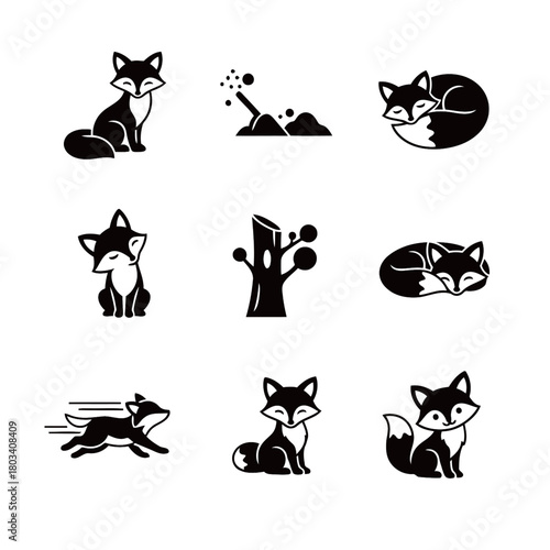 Fox Black Silhouette Icon Set with Forest Elements and Cozy Sleep