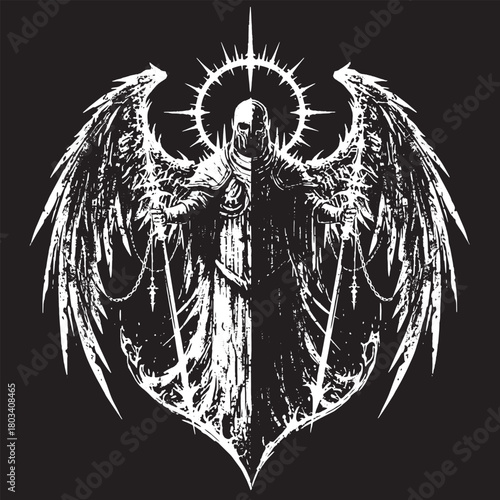 warrior with wings black and white grunge textured holding weapon