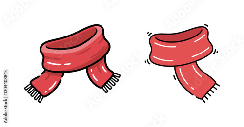Pair of Waving Red Winter Scarves with Fringe, Cute Cartoon Vector Illustration in a Hand-Drawn Doodle Style for Cold Weather, Christmas, and Fashion Accessories