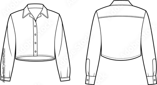 Cropped shirt fashion sketch, button-up blouse technical drawing, long sleeve garment template, front and back view, apparel design, collar, cuff, yoke, hemline, construction details