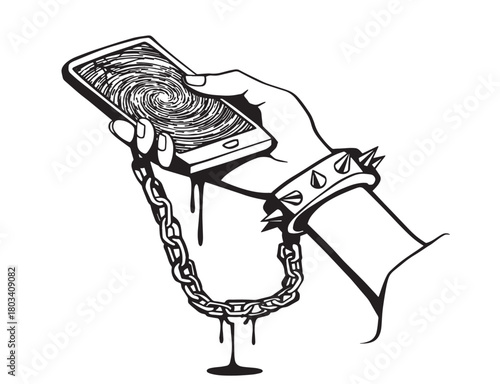 Slaves of Mobile Phones, Smartphone social media addiction concept art in graffiti painting style, Hand is chained to the phone and key locking