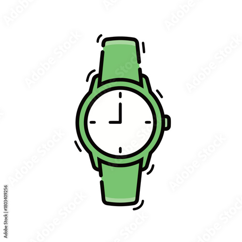 Simple Analog Wristwatch with Bright Green Band and White Face, Cute Cartoon Vector Illustration in a Hand-Drawn Doodle Style for Fashion and Keeping Track of Time