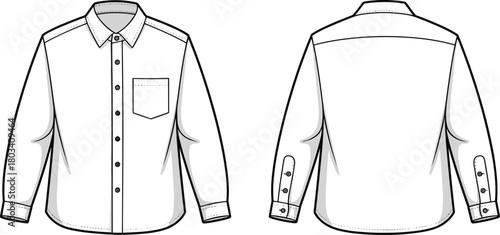 Long sleeve shirt technical sketch, front and back view, button-up shirt design, fashion flat drawing, garment construction template, apparel manufacturing illustration, clothing blueprint
