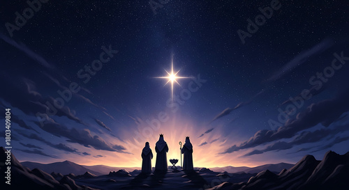 Three figures stand silhouetted against a vibrant starry night sky with a bright guiding star