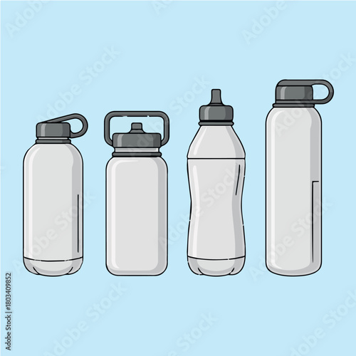 Vector a collection of four reusable water bottles in varying shapes and sizes on blue background