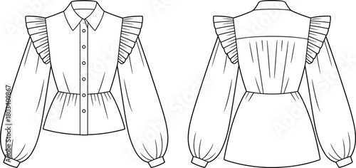 Women's blouse fashion sketch, technical garment illustration, voluminous sleeve design, pleated shoulder ruffle, peplum waist detail, front back view, collared button-down top