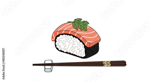 A delicious salmon nigiri sushi presented on a white background with wooden chopsticks resting nearby.
