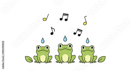 Three happy frogs singing in the gentle summer rain with musical notes floating above them.