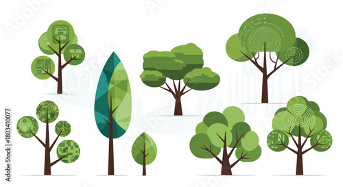 A collection of stylized pixel art trees with varying shapes and shades of green.