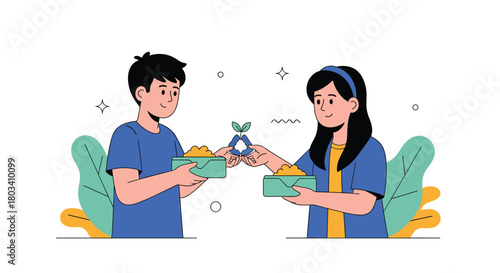 Children exchanging gifts and sharing kindness with each other.