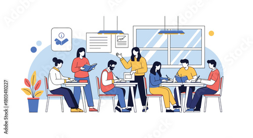 A group of diverse individuals collaborating effectively in a bright and modern workspace environment.