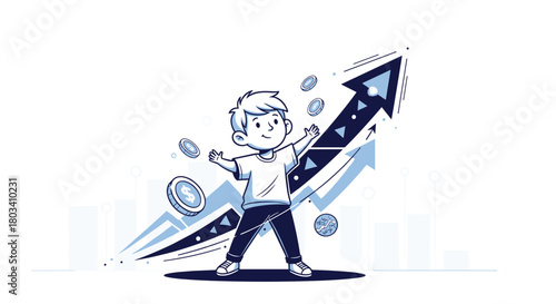 A young child celebrates as a financial graph shows upward momentum and rising values.