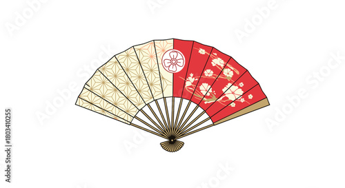 Elegant foldable hand fan with intricate floral and traditional Japanese patterns on a white background.