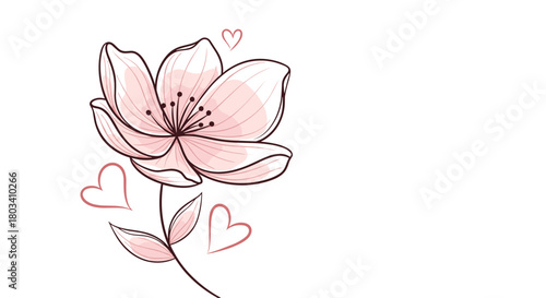 A delicate pink flower with faint hearts drawn in a simple sketch style representing love and nature's beauty.