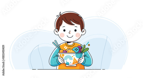 A young boy proudly holding a pot of fresh plants and vegetables.