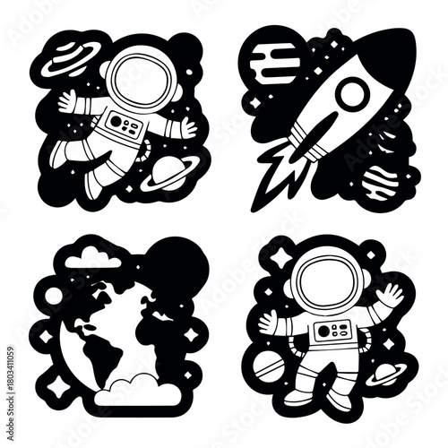 Vector four space themed icons featuring astronauts rocket earth and ufo in black and white style