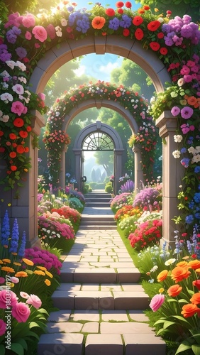 A sun-drenched garden path unfolds beneath floral arches. Colorful blooms line the walkway, leading to a distant, ethereal vista