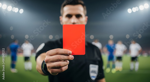 Football Soccer Referee Holding Up Red Card Indicating Player Ejection for Serious Foul
