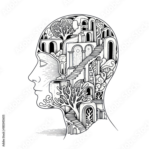 Head Silhouette with Intricate Architectural Interior, Mindscape Concept.