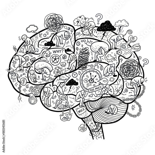 Intricate doodle illustration of a human brain filled with thoughts and emotions.