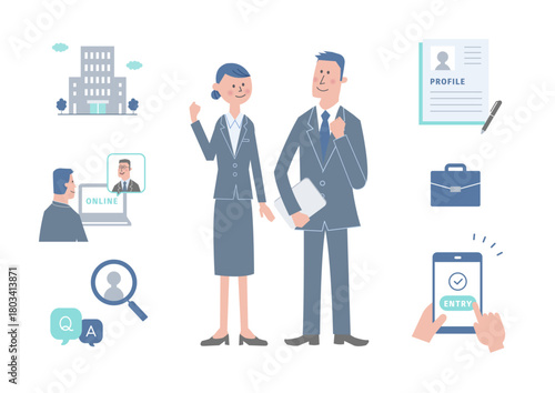 就職活動をする男女とエントリー・面接・プロフィールを表すアイコンのビジネスイラスト