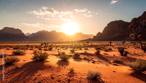 Fototapeta Naklejka Na Ścianę i Meble -  A sunlit, arid desert scene with mountains, scrub brush, and dunes under a bright sunset, casting long shadows