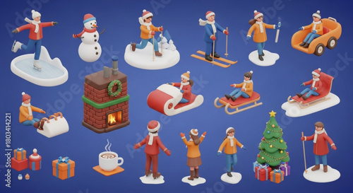 A collection of 3D isometric figures and objects representing various winter and Christmas holiday activities, including ice skating, skiing, sledding, a snowman, a fireplace, hot cocoa, and gifts.