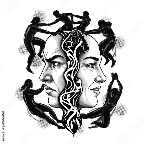 Dual faced figure with surrounding figures representing internal conflict.