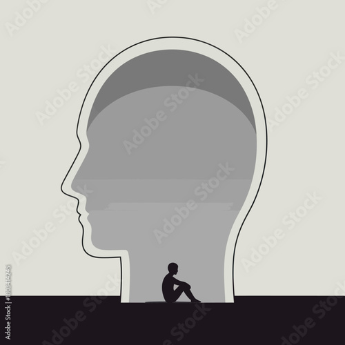 Conceptual illustration of a lonely person trapped inside a large head.