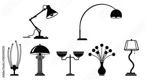 Various lamps and a vase of flowers in black and white vector art