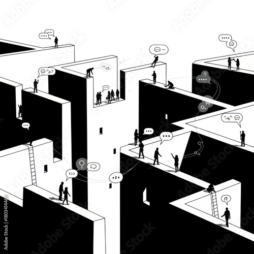 People navigating a complex maze of abstract structures communicating through speech bubbles.