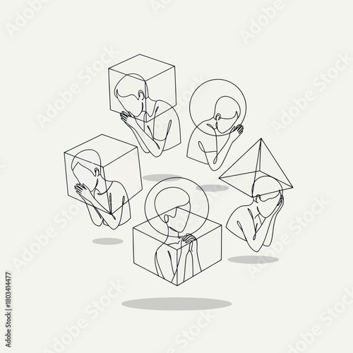 Abstract illustration of people inside geometric shapes representing different perspectives.