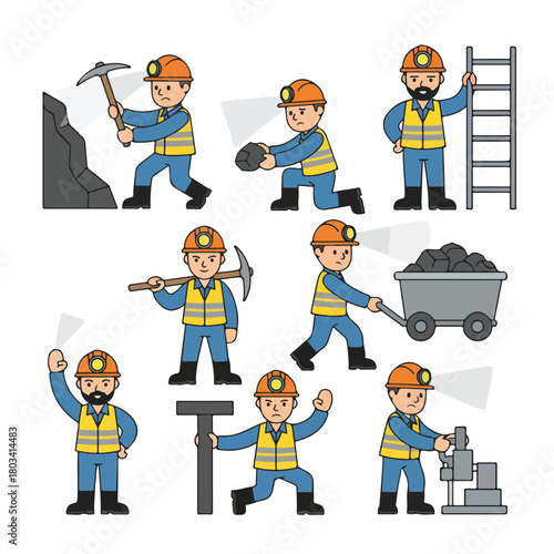 8 set coal miner working underground with a pickaxe and helmet lamp, wearing safety gear, flat design, simple and minimalistic style, white background, 