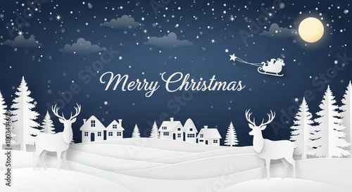 Paper cut style illustration of a peaceful snowy winter village night scene under a starry sky with a full moon, featuring two large white reindeer and Santa Claus flying in his sleigh.