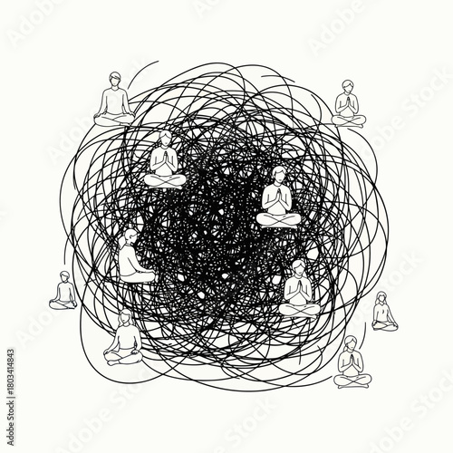 Meditating figures surrounded by chaotic lines representing inner thoughts and focus.